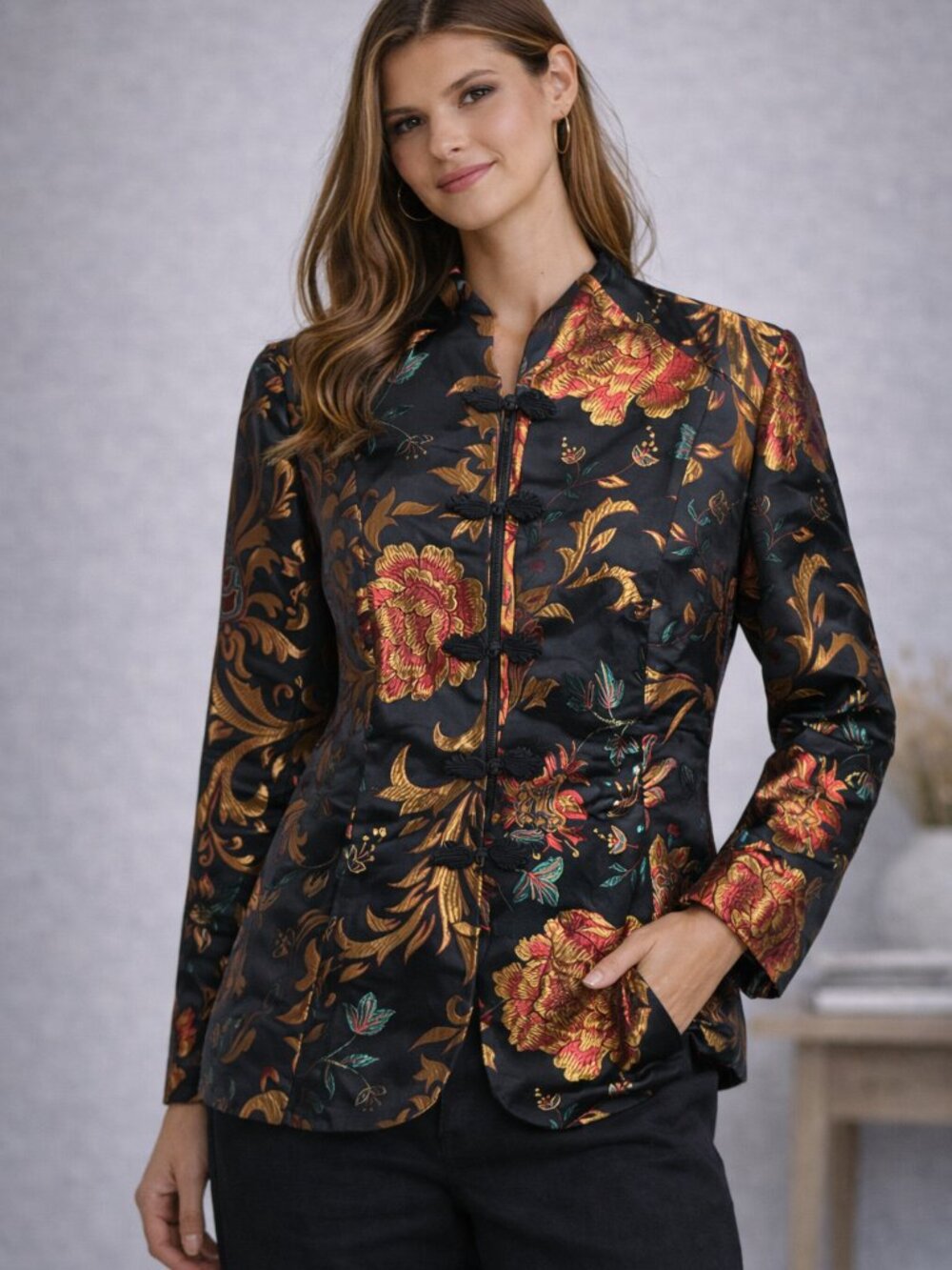 Soft Surroundings Brocade Mandarin Jacket Black Gold Floral XL Oriental